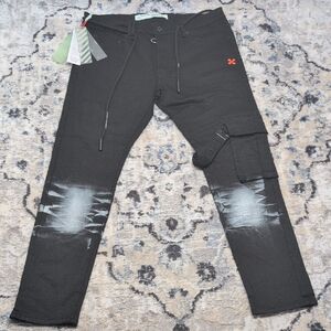 Off-White c/o Virgil Abloh Black Distressed Cargo Jeans Sz Small
